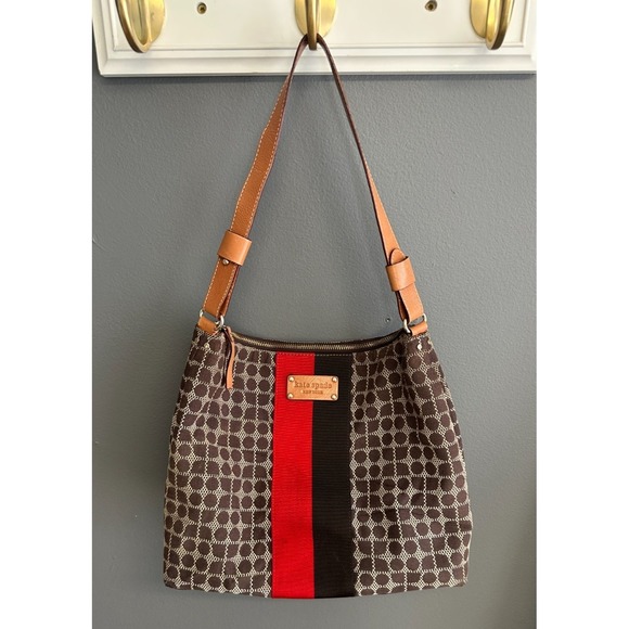 kate spade new york Handbags - Kate Spade Classic Noel Serena Shoulder Bag Black Red Stripe Brown Leather Purse